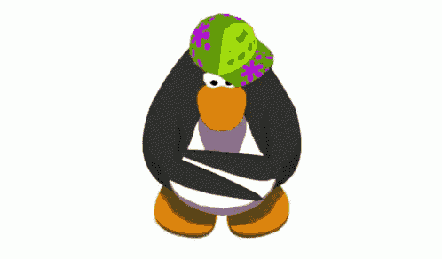 a penguin wearing a green hat with musical notes on it