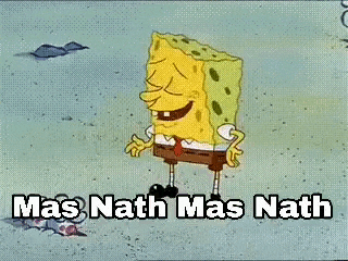 a cartoon of spongebob squarepants standing in the sand with the words `` mas nath mas nath '' .