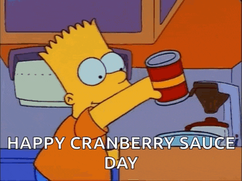 bart simpson is holding a can of cranberry sauce in a kitchen .