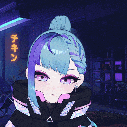 a girl with blue hair and pink eyes is standing in front of a sign that says chicken
