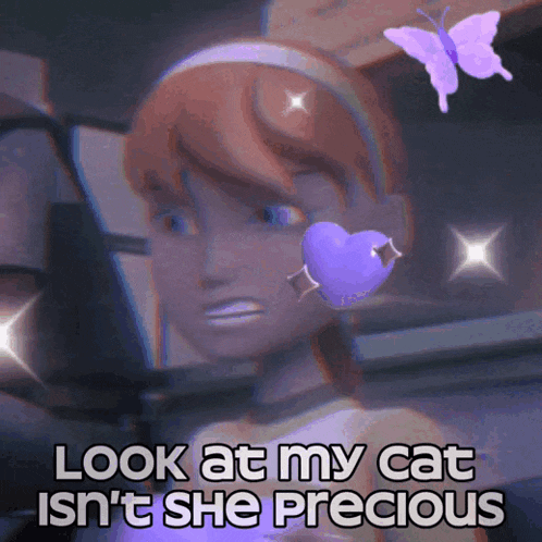 a cartoon girl with a heart shaped earring and the words look at my cat isn 't she precious