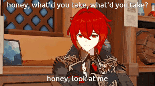 a video game character with red hair says honey what 'd you take what 'd you take