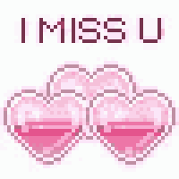 a pixel art of two pink hearts with the words `` i miss u '' below them .
