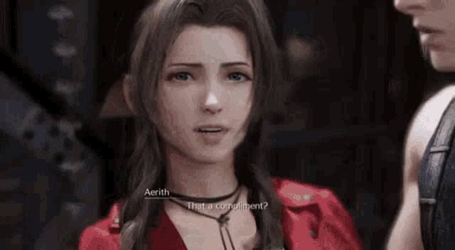 a woman in a red dress is talking to a man in a video game while wearing a choker .