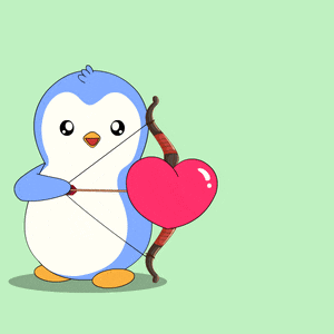 a blue and white penguin is holding a bow and arrow and aiming at a heart