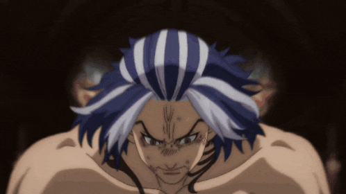 a man with blue and white hair looks angry