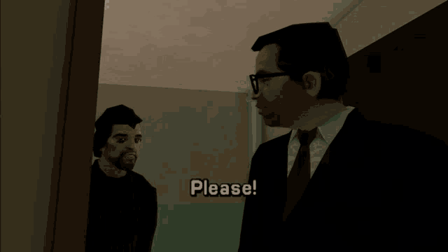 a man in a suit and tie is talking to another man in a doorway and says please