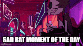 a cartoon character is standing in front of a city street with the words `` sad rat moment of the day '' written below him .