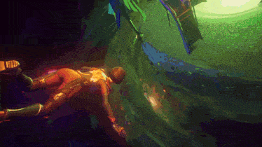 a painting of a person laying on the ground in a dark room