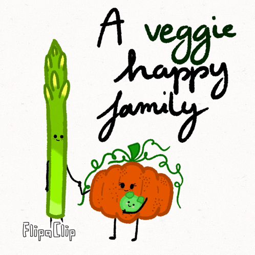 a cartoon of asparagus and a pumpkin with the words " a veggie happy family "