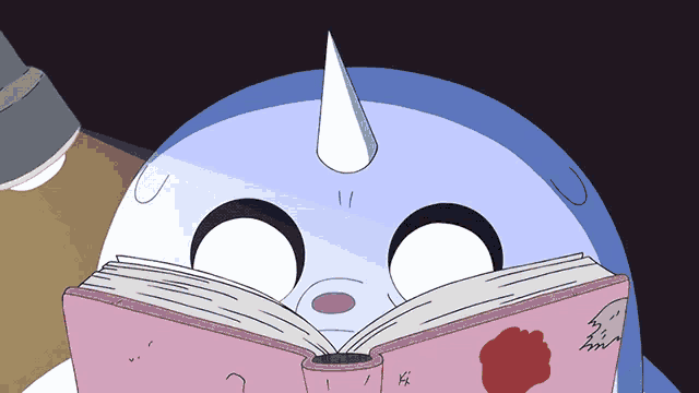 a cartoon character reading a book with a rose on the cover
