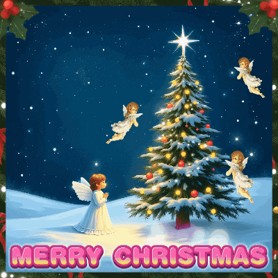 a merry christmas greeting card with angels flying around a christmas tree