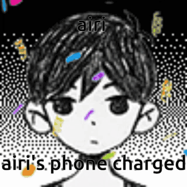 a black and white drawing of a boy 's face with the words `` airi 's phone charged '' written on it .