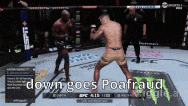 two men are fighting in a boxing ring with the words " down goes poafraud " on the bottom