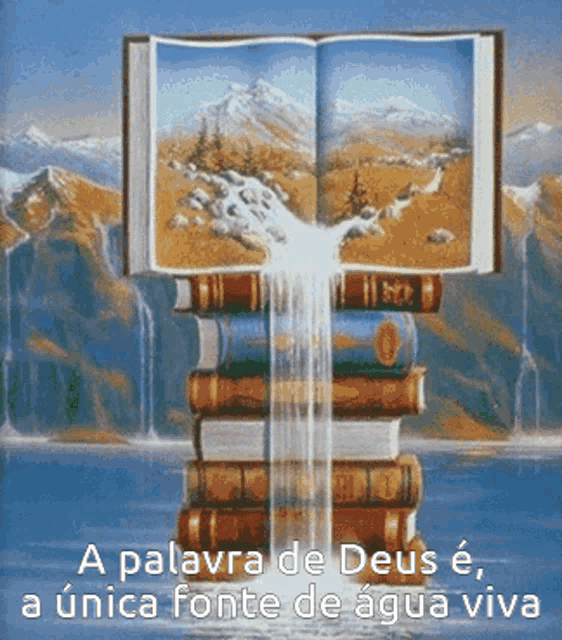 a waterfall is coming out of an open book on top of a pile of books