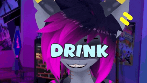 a cartoon character with pink hair and the words drink above her head