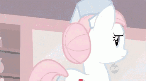 a white pony with pink hair is wearing a nurse 's hat