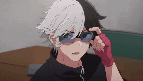 a black and white anime character is wearing sunglasses