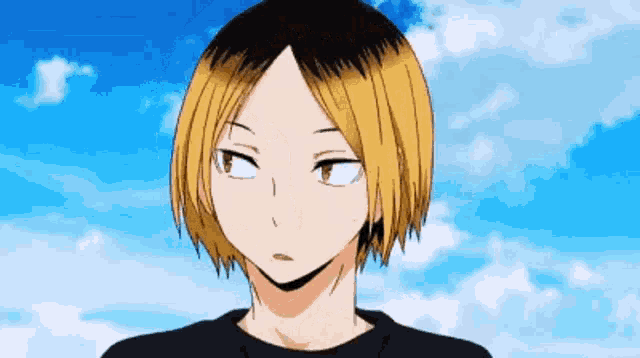 a close up of a person 's face with a blue sky in the background and a black shirt on .