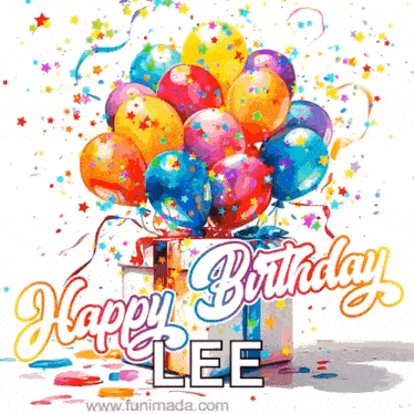 a birthday card with balloons and confetti and the name lee