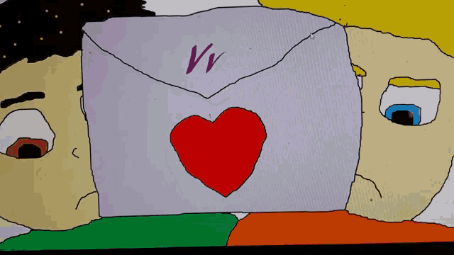 a drawing of two people holding an envelope that has the letter v on it