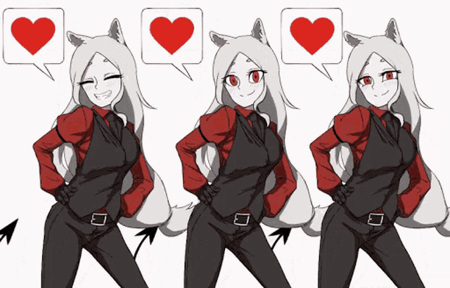 a drawing of a girl in a suit with hearts in speech bubbles around her