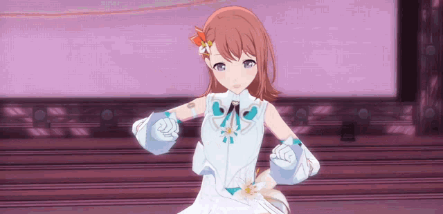 a girl with a flower in her hair is wearing a white dress and white gloves