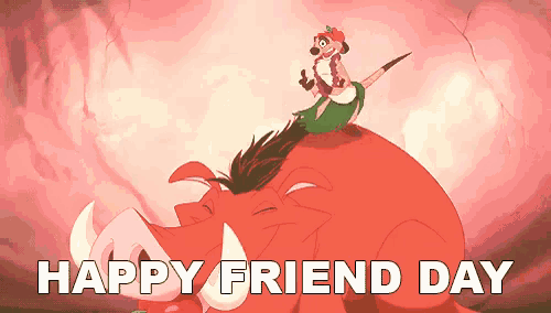 a happy friend day greeting card with a cartoon character riding on the back of a boar
