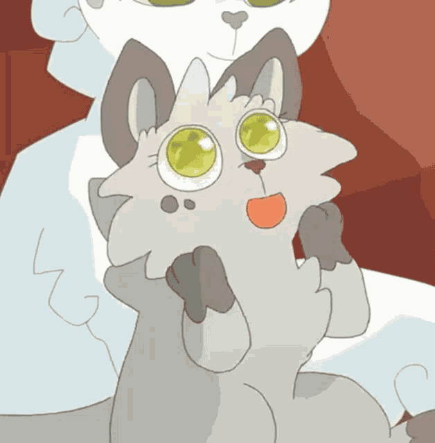 a cartoon drawing of a cat with green eyes and a white cat behind it .