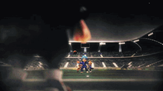 a cartoon character is standing on a field in a stadium at night