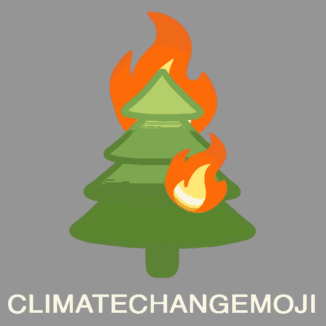 an illustration of a christmas tree with flames coming out of it and the words climatechangeemoji below it