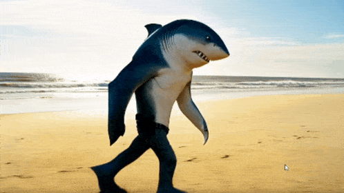 a person dressed as a shark walking on the beach