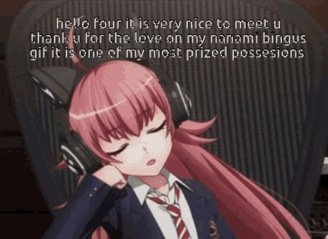 a pink haired anime girl wearing headphones says hello four it is very nice to meet you