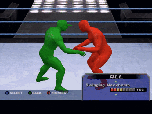 a video game screen shows a green and a red wrestler
