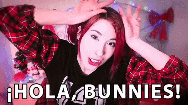 a girl with red hair is wearing a plaid shirt and says hola bunnies !