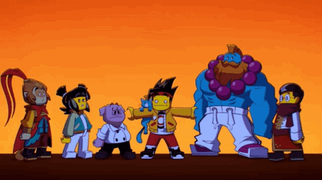 a group of cartoon characters are standing next to each other with one of them wearing a shirt that says ' a '