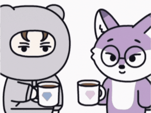 a cartoon of a bear and a fox holding coffee mugs