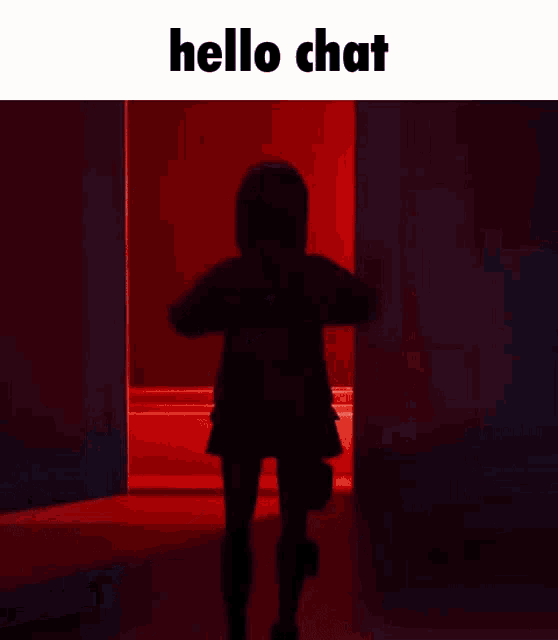 a girl in a space suit is standing in front of a door with the words hello chat above her