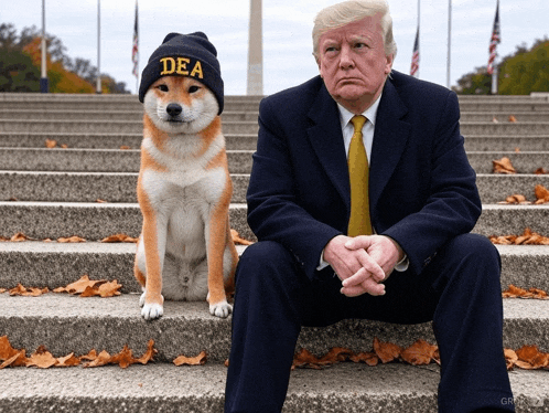 a man in a suit sits next to a dog wearing a dea hat