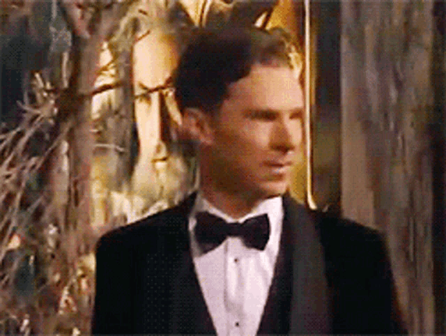 a man in a tuxedo and bow tie is standing in front of a picture