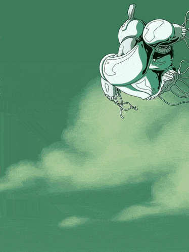 a drawing of a robot flying through the air with a rock flying in the background