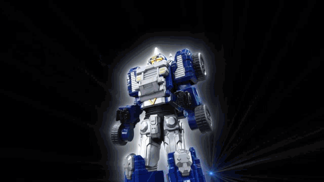 a blue and silver robot is surrounded by arrows
