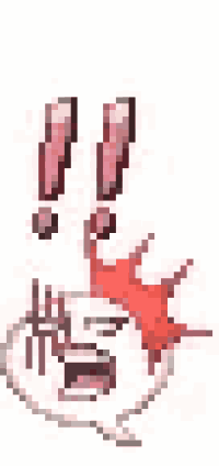a pixel art drawing of a person 's face with exclamation points coming out of it 's mouth .