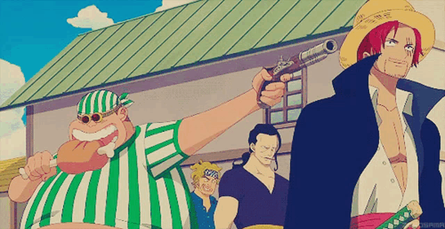 a man in a straw hat holds a gun in front of a building