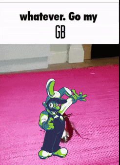 a cartoon character is standing on a pink rug with the words whatever go my gb