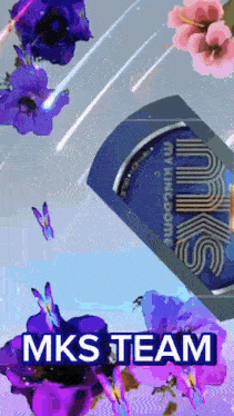 a bottle of mks perfume is surrounded by purple flowers