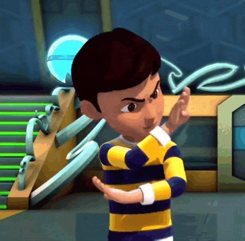 a cartoon boy in a yellow and blue striped shirt is standing in front of stairs