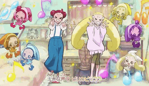 a group of cartoon characters are standing next to each other in a room with chinese writing on the bottom right