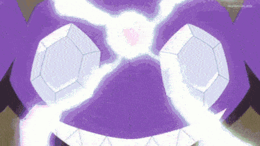 a close up of a purple cartoon character 's face with lightning coming out of it 's eyes
