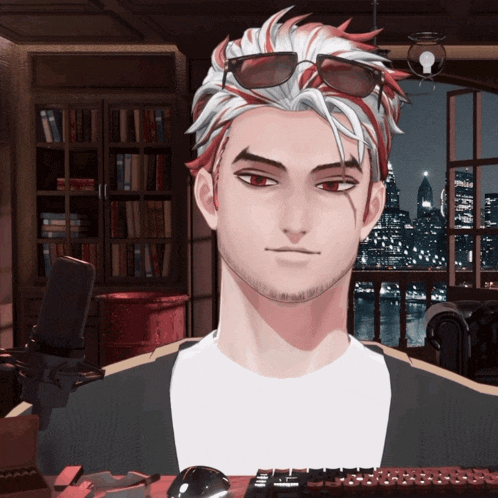 a man with red and white hair and sunglasses looks at the camera